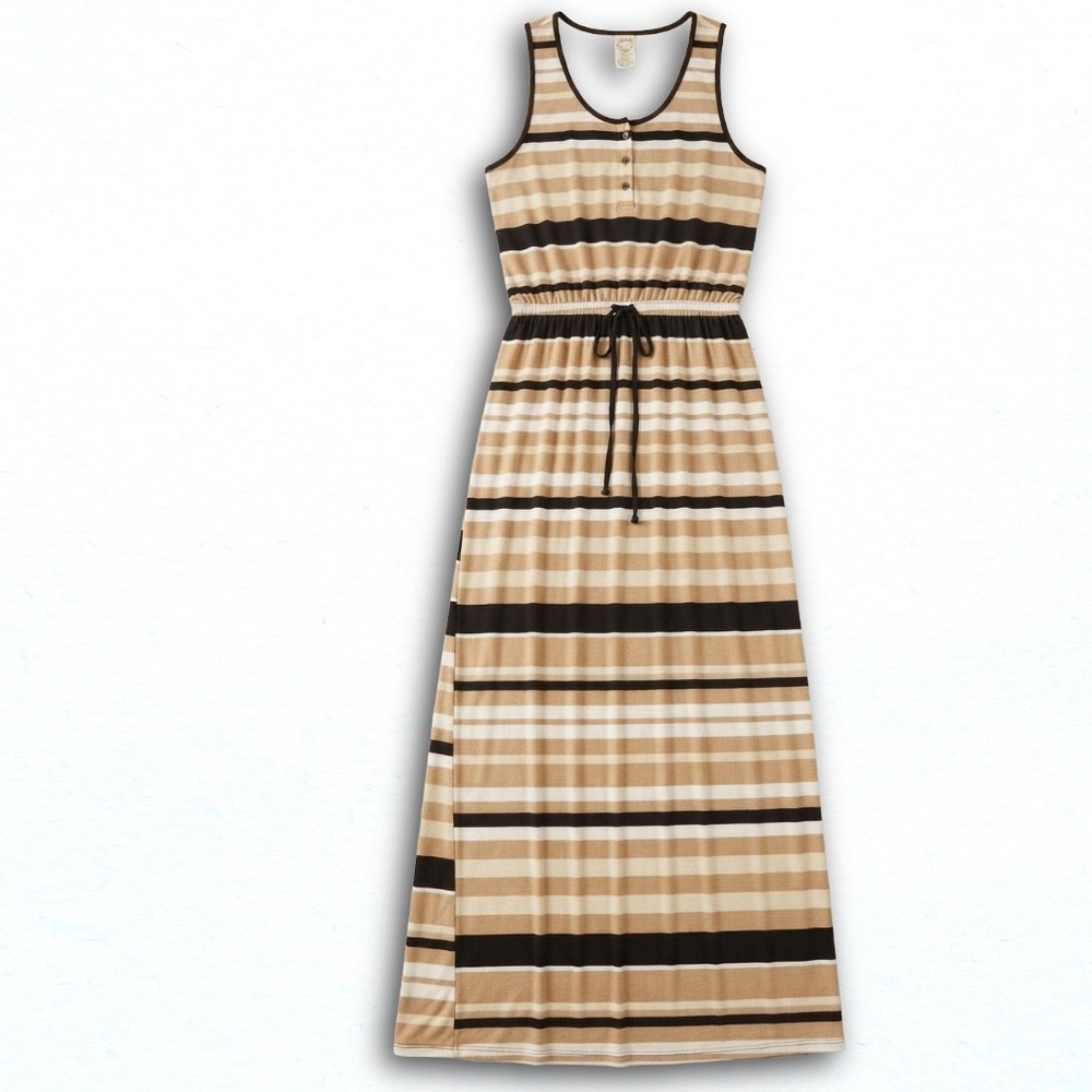 Faded Glory Womens XXL Striped Maxi Dress Henley Racerback Tan Black White